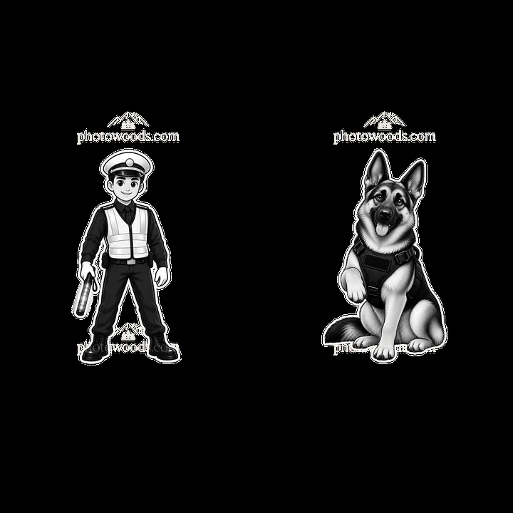 Police officer with dog in monochrome cartoon illustration - AI-generated stock image