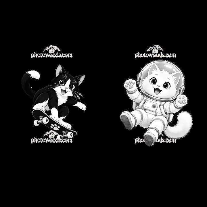 Skateboarding cat and astronaut cat in black and white - AI-generated stock image