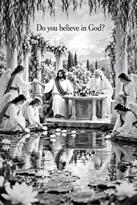 Depiction of divine figures around a lily pond - AI-generated stock image