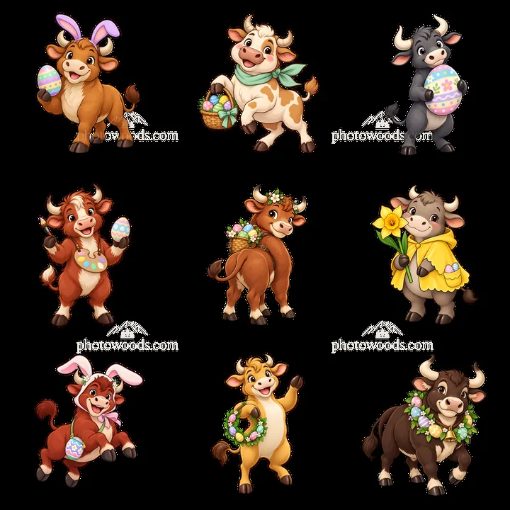 Easter ox cartoon characters with eggs and baskets in a grid - AI-generated stock image