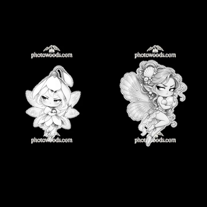 Kawaii grumpy fairies with distinct expressions and accessories - AI-generated stock image