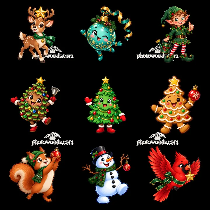 Christmas tree cartoon characters in a festive arrangement - AI-generated stock image
