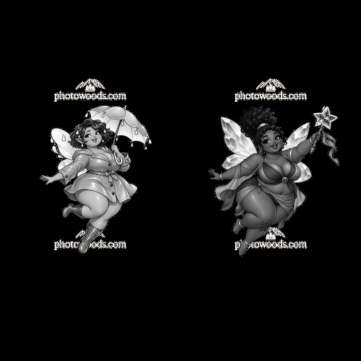 Kawaii ultra-fat fairies with accessories in playful poses - AI-generated stock image