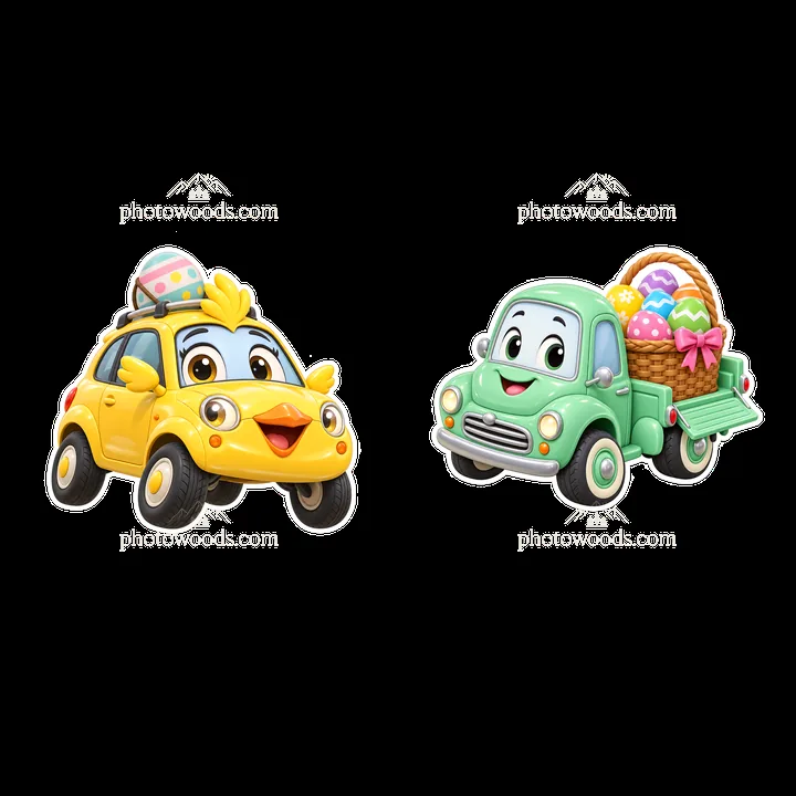 Easter-themed cars with cartoon characters carrying eggs - AI-generated stock image