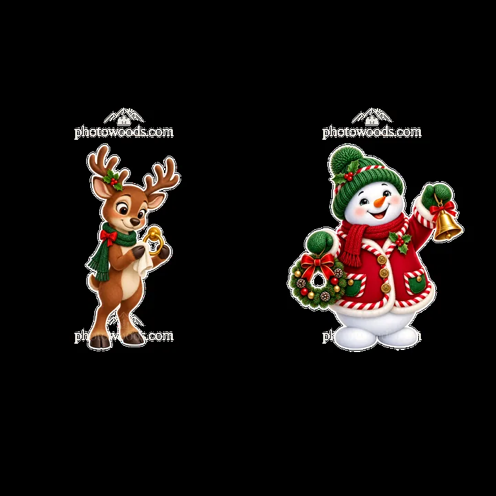 Reindeer holding a bell and snowman with wreath for Christmas - AI-generated stock image