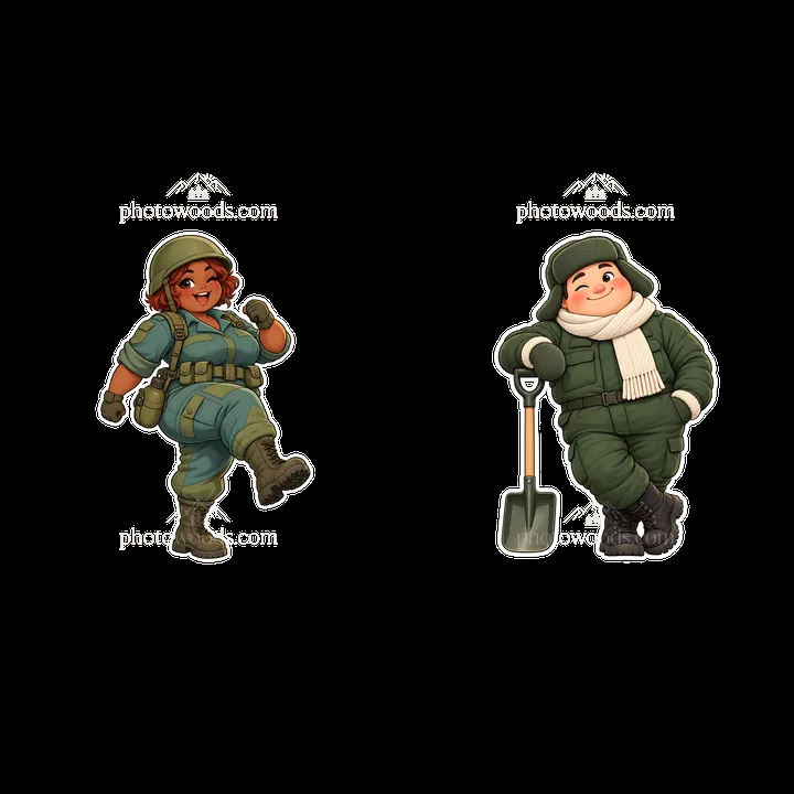 Cute chubby soldier stickers with shovel and playful pose - AI-generated stock image