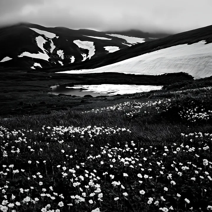 Daisetsuzan alpine meadow with light rays over snow and flowers - AI-generated stock image