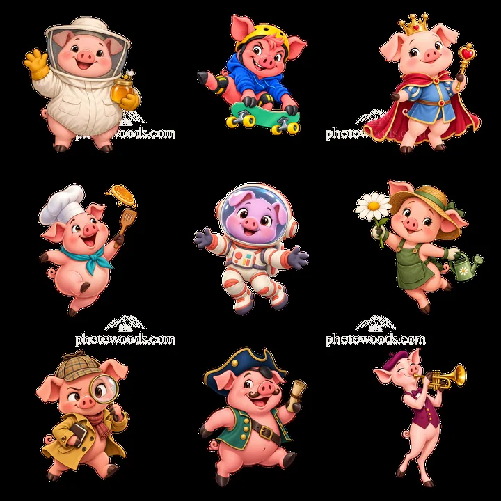 Colorful cartoon pigs in various fun costumes and activities - AI-generated stock image