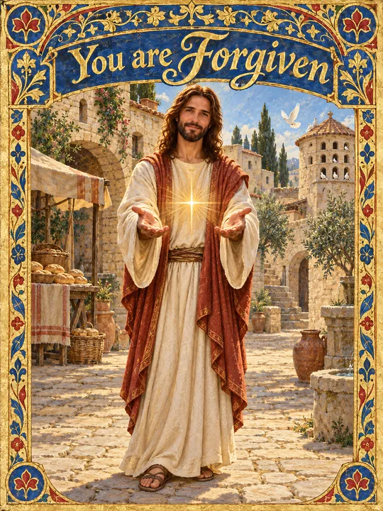 Jesus Christ offering forgiveness in a market setting - AI-generated stock image