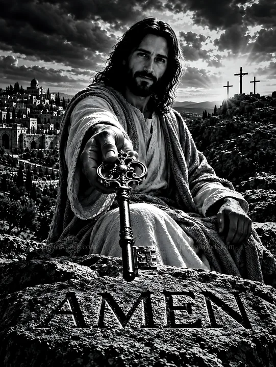 Figure holding a key at the Hill of Mercy with crosses in background - AI-generated stock image