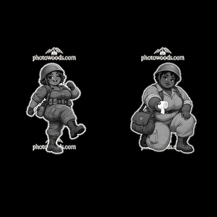 Cute ultra-chubby soldier stickers in playful poses - AI-generated stock image