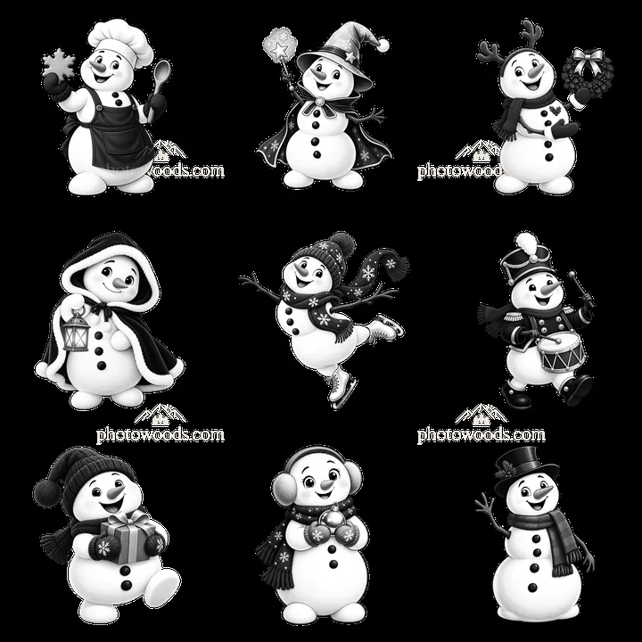Christmas snowmen in various holiday activities in 3x3 grid - AI-generated stock image