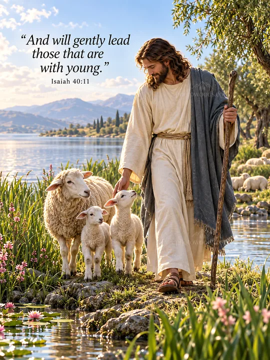 Jesus Christ gently leads sheep near a tranquil river - AI-generated stock image