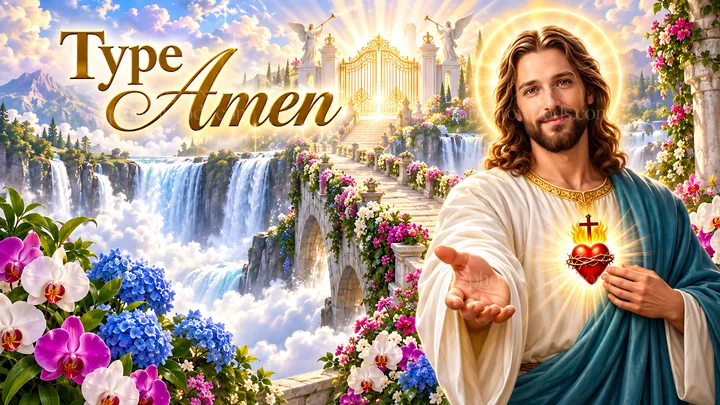 Waterfall of Grace with a figure offering a heart - AI-generated stock image