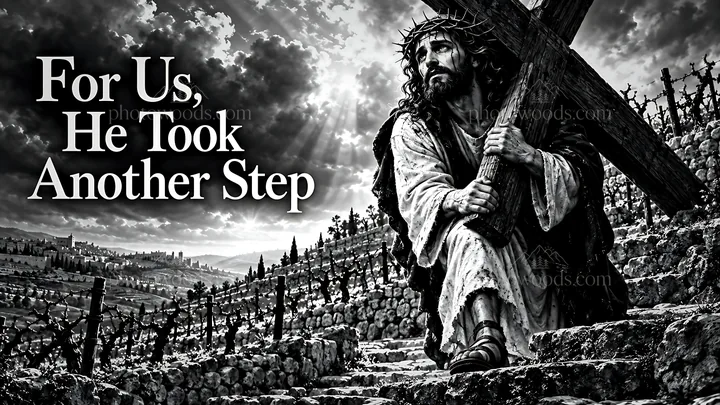 Man carries cross up a hill in a dramatic scene - AI-generated stock image
