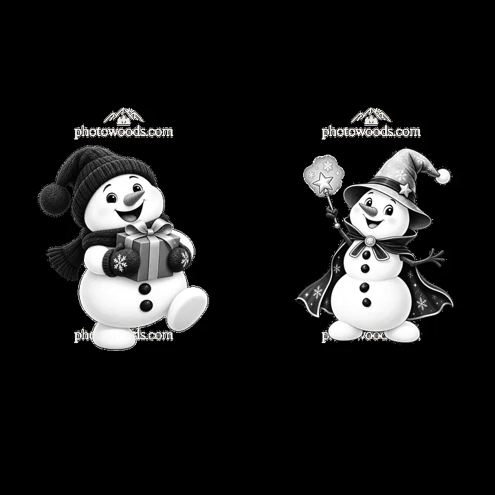 Two cartoon snowmen with gifts and magic wand for Christmas - AI-generated stock image