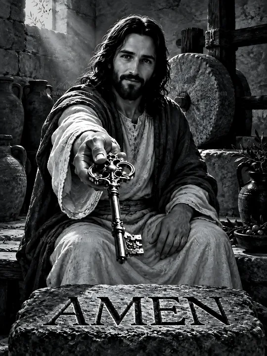 Man holding a key in a historic setting with a stone saying Amen - AI-generated stock image