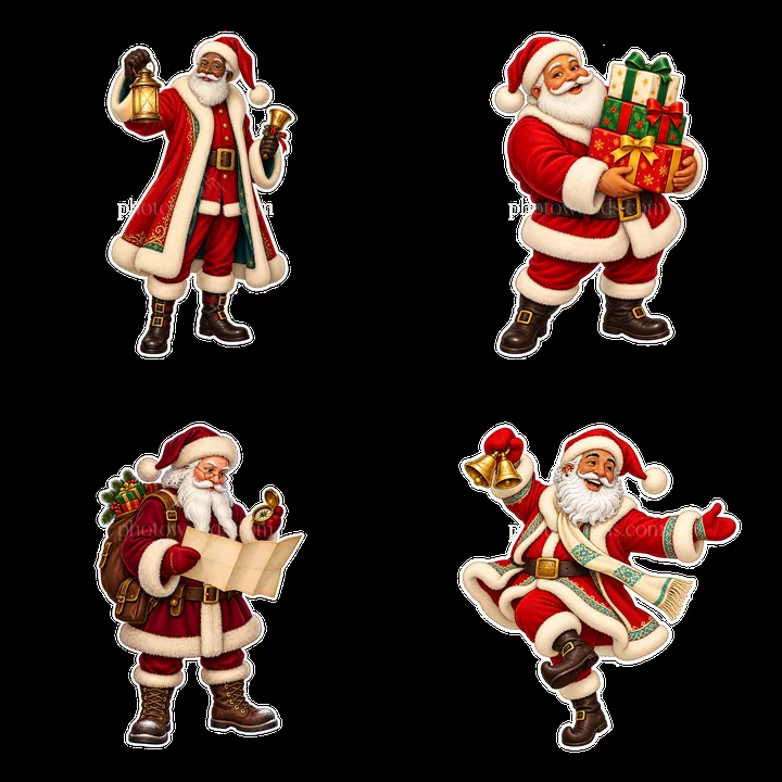 Santa Claus characters with gifts, maps, and festive items - AI-generated stock image