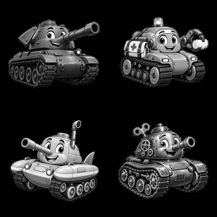 Cartoon tanks with friendly faces in a 2x2 layout - AI-generated stock image