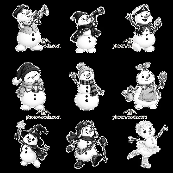 Snowman characters with various activities in a 3x3 grid - AI-generated stock image