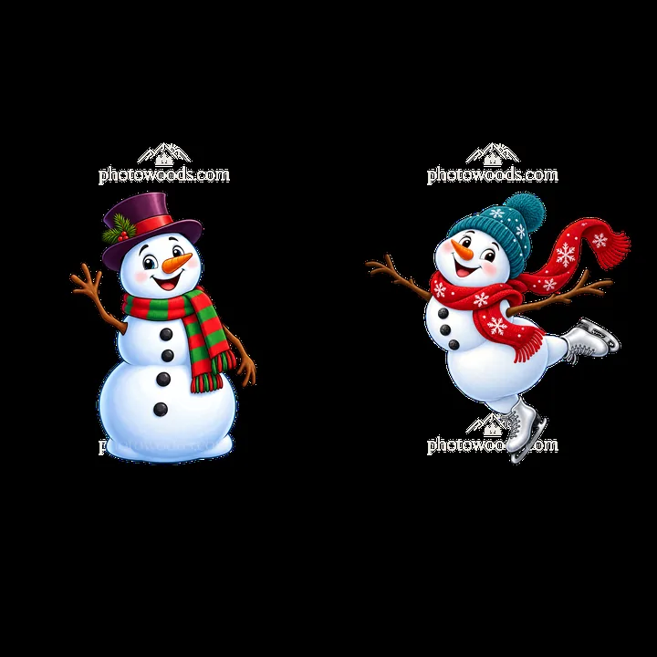 Snowmen in winter attire waving and ice skating for Christmas - AI-generated stock image