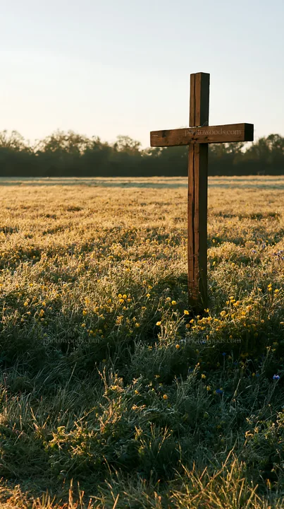 Wooden cross in a meadow with frost and flowers - AI-generated stock image