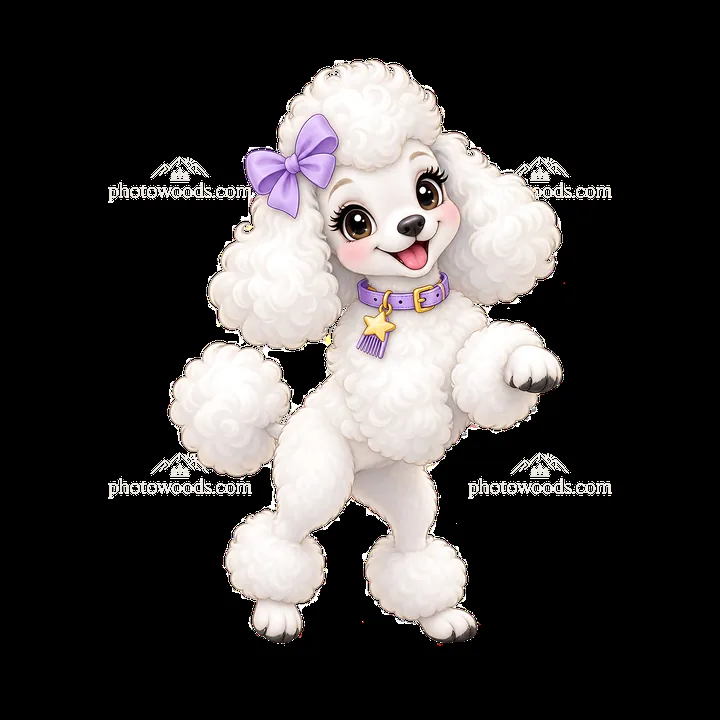 Cute cartoon poodle dog standing and smiling with a bow - AI-generated stock image