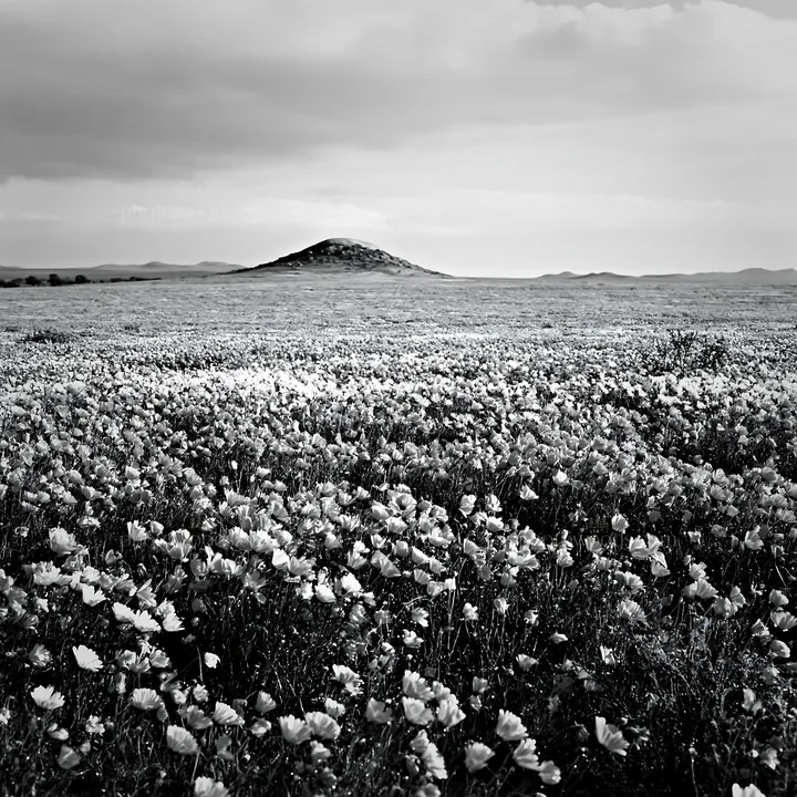 Rainwashed meadow with flowers and distant hill - AI-generated stock image