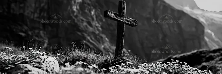 Wooden Christian cross in mountain meadow - AI-generated stock image