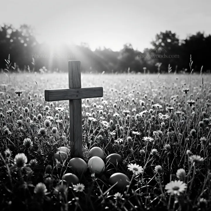 Cross in a meadow with light rays shining through trees - AI-generated stock image