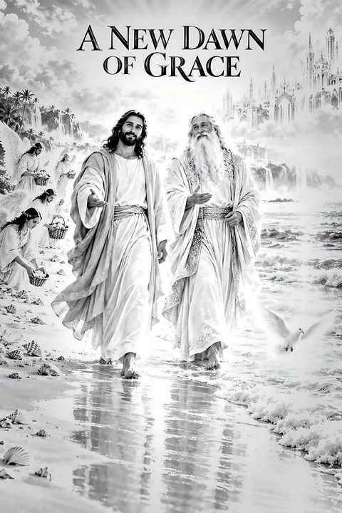 Walking on the shore with angels and a shining city - AI-generated stock image