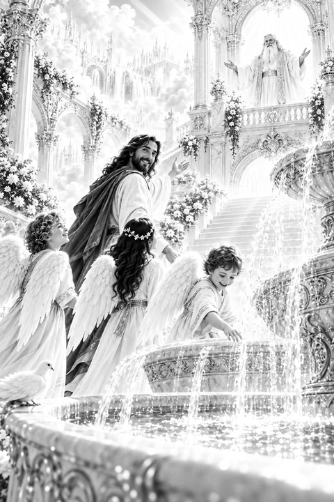 Jesus Christ guiding angels in a divine scene - AI-generated stock image