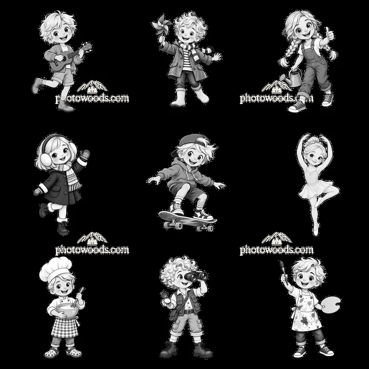Blond child stickers engaged in various fun activities - AI-generated stock image