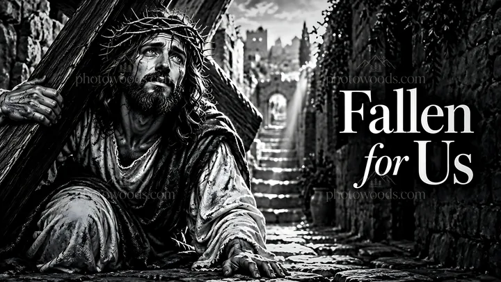 Fallen figure carries cross in a historical setting - AI-generated stock image