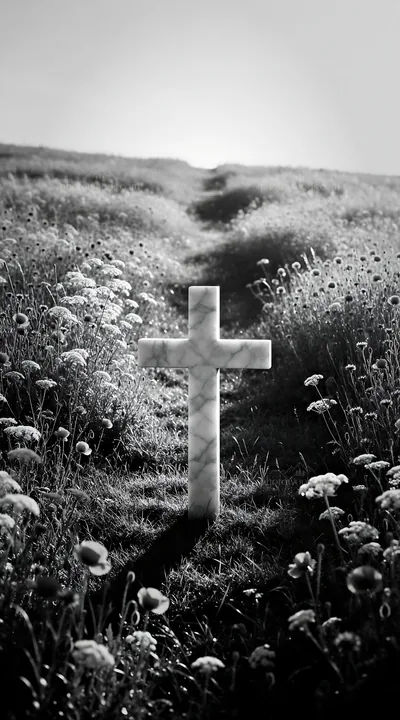 Marble Christian cross in meadow with flowers - AI-generated stock image