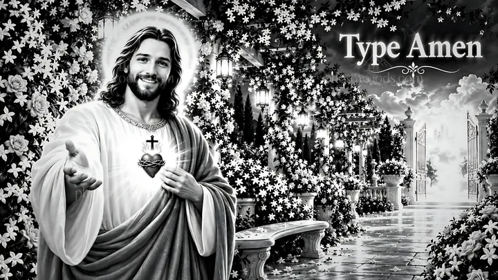 Jesus stands in a jasmine lantern garden with flowers and light - AI-generated stock image