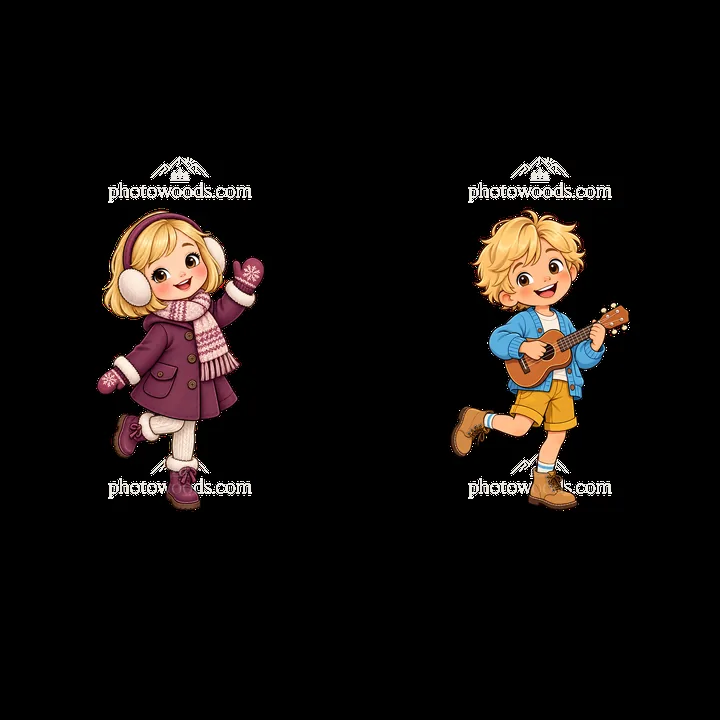 Blond child with guitar plays music next to girl in winter outfit - AI-generated stock image