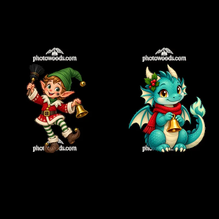 Christmas elf and dragon holding bells near fireplace - AI-generated stock image