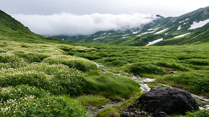 Snowmelt flows through green alpine meadow in Toyama - AI-generated stock image
