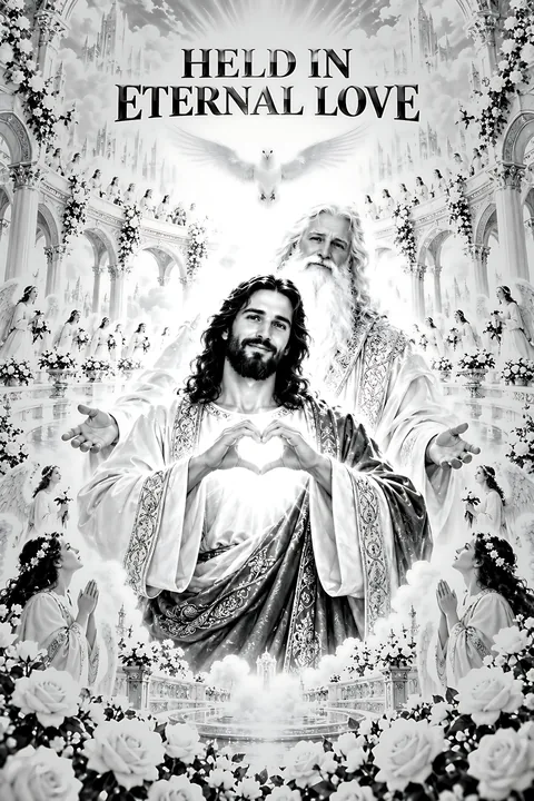 Held in eternal love scene with divine figures and nature - AI-generated stock image