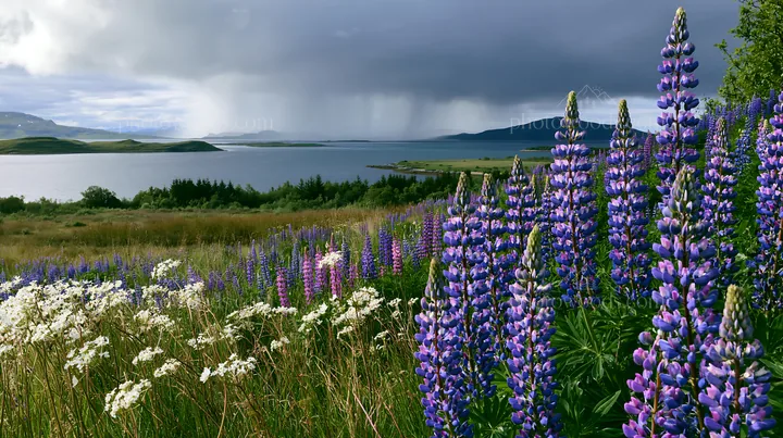 Colorful lupine meadow near a lake with distant rain clouds - AI-generated stock image