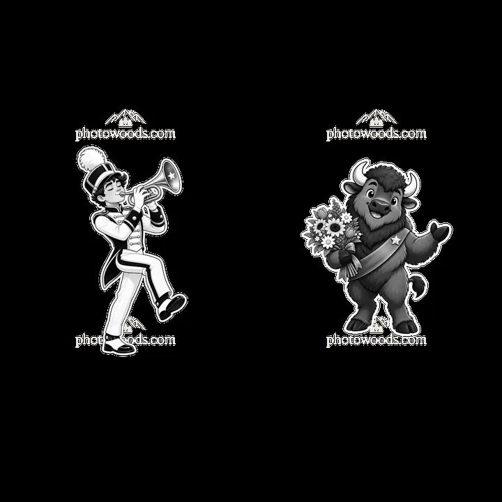 Trumpeter and bison holding flowers in monochrome sticker design - AI-generated stock image