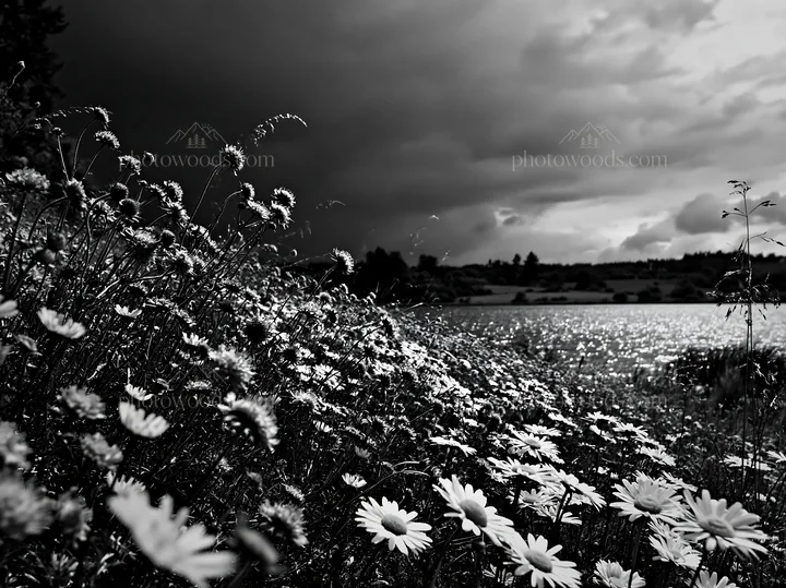 Black and white german lakeside meadow with flowers and dark clouds - AI-generated stock image
