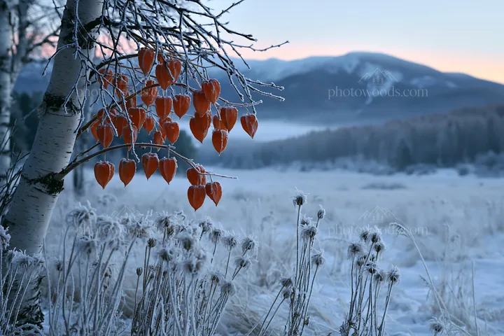 Frosted meadow with seedheads and lanterns during winter - AI-generated stock image