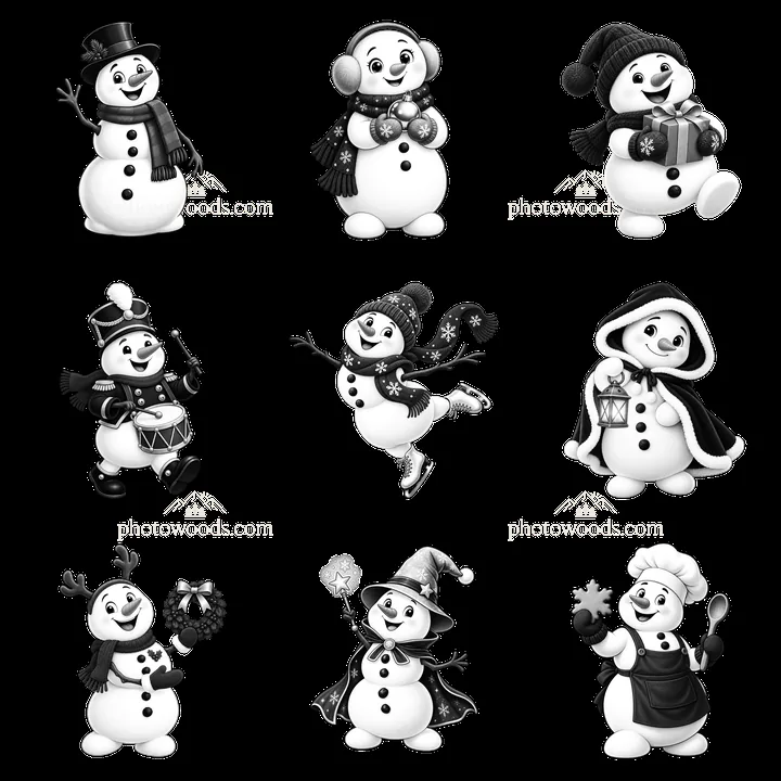 Snowmen engaging in winter activities in a 3x3 grid layout - AI-generated stock image