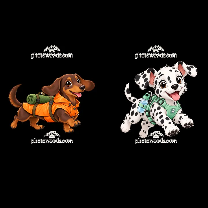 Cute cartoon K-9 dogs with backpacks ready for adventure - AI-generated stock image
