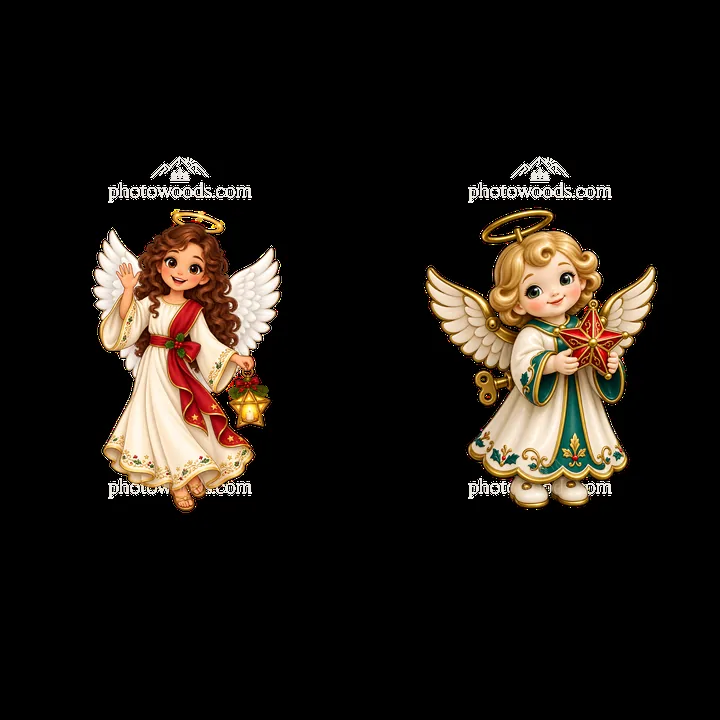 Christmas angel sticker set with two cheerful characters - AI-generated stock image