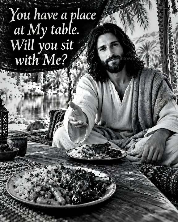 Dinner beside the desert oasis with a man serving food - AI-generated stock image