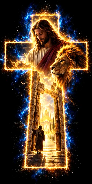 Jesus Christ with a lion at the entrance to a golden city - AI-generated stock image