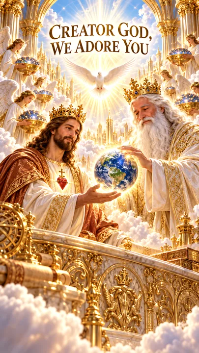 Jesus Christ with God the Father in a heavenly scene - AI-generated stock image